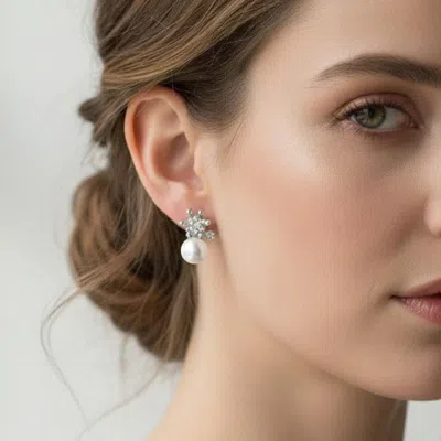Fashnzfab White Gold Dipped Cz Crown Pearl Drop Stud Earrings In Red