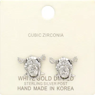 Fashnzfab White Gold Dipped Cz Cubic Zirconia Viking Face Stud Earrings In Silver