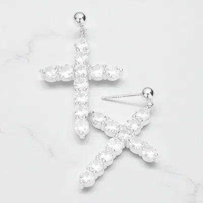 Fashnzfab White Gold Dipped Cz Embellished Cross Dangle Earrings