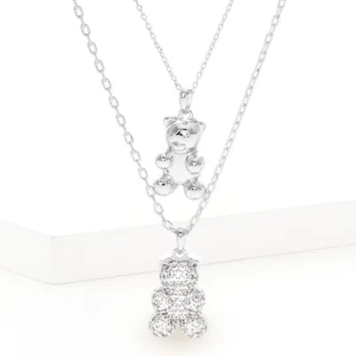 Fashnzfab White Gold Dipped Cz Embellished Metal Bear Pendant Double Layered Necklace In Metallic