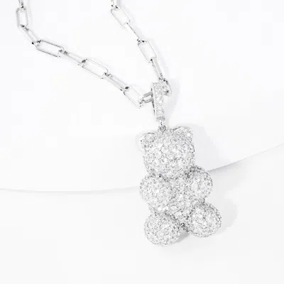 Fashnzfab White Gold Dipped Cz Embellished Metal Bear Pendant Necklace In Multi