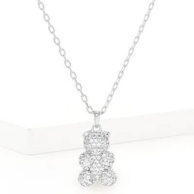 Fashnzfab White Gold Dipped Cz Embellished Metal Bear Pendant Necklace In Silver