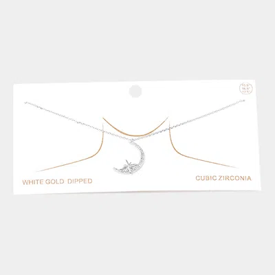 Fashnzfab White Gold Dipped Cz Embellished Metal North Star Crescent Moon Pendant Necklace In Silver