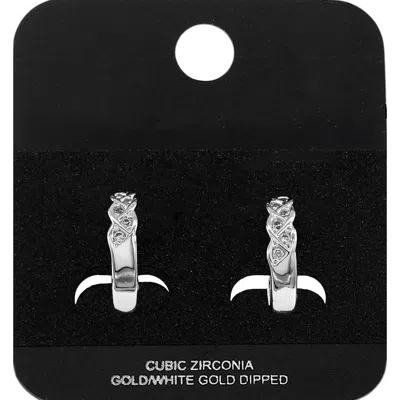 Fashnzfab White Gold Dipped Cz Embellished Twisted Mini Open Hoop Earrings Rhodium In Black