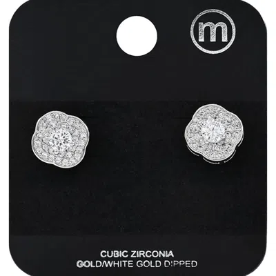 Fashnzfab White Gold Dipped Cz Floral Halo Stud Earrings In Silver