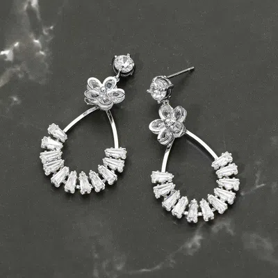 Fashnzfab White Gold Dipped Cz Flower Accent Baguette Stone Cluster Embellished Teardrop Drop Earrings Rhodium In Silver