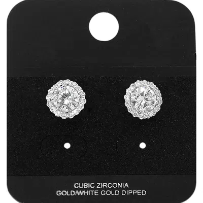 Fashnzfab White Gold Dipped Cz Halo Stud Earrings In Metallic