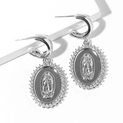 Fashnzfab White Gold Dipped Cz Halo Virgin Mary Oval Medallion Drop Dangle Mini Hoop Earrings In Multi