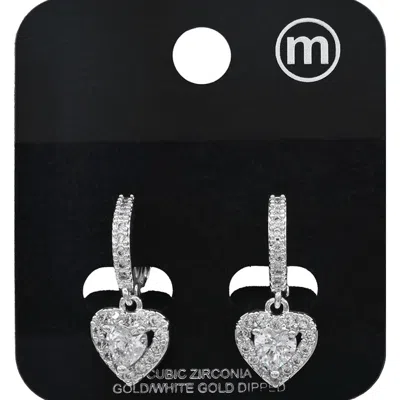 Fashnzfab White Gold Dipped Cz Heart Halo Charm Drop Huggie Hoop Earrings In Multi