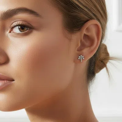 Fashnzfab White Gold Dipped Cz Mini Tree Stud Earrings In Brown