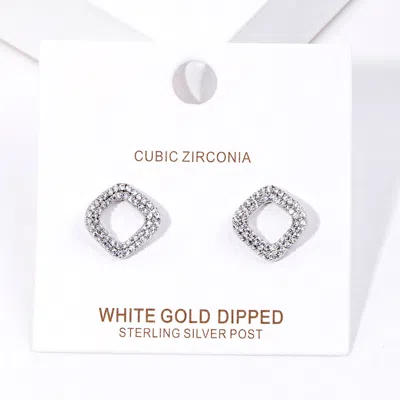 Fashnzfab White Gold Dipped Cz Open Square Stud Earrings - Rhodium In Metallic