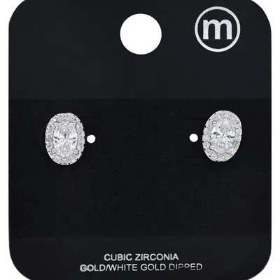 Fashnzfab White Gold Dipped Cz Oval Halo Stud Earrings In Multi