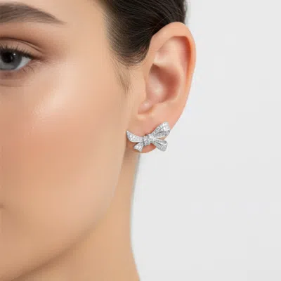 Fashnzfab White Gold Dipped Cz Pave Bow Knot Stud Earrings Clear, Rhodium In Silver