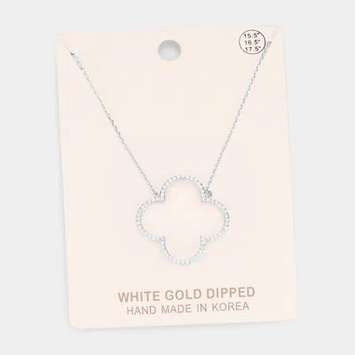 Fashnzfab White Gold Dipped Cz Pave Clover Quatrefoil Pendant Necklace In Silver