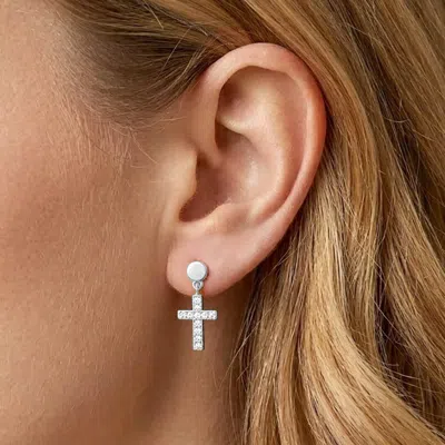 Fashnzfab White Gold Dipped Cz Pave Cross Charm Drop Dangle Earrings In Silver