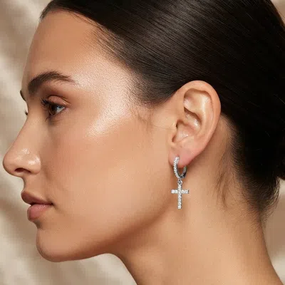 Fashnzfab White Gold Dipped Cz Pave Cross Charm Drop Huggie Hoop Earrings In Multi