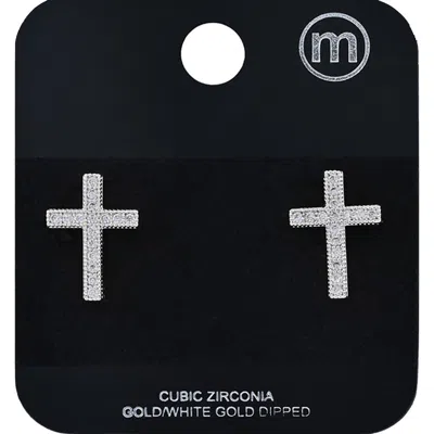 Fashnzfab White Gold Dipped Cz Pave Cross Stud Earrings In Multi