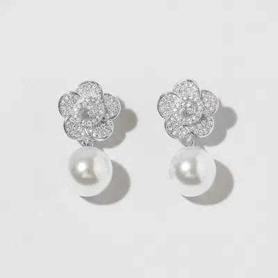 Fashnzfab White Gold Dipped Cz Pave Flower Pearl Drop Earrings Rhodium, White In Silver