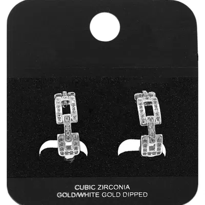 Fashnzfab White Gold Dipped Cz Pave Geometric Link Mini Open Hoop Earrings Rhodium In Silver