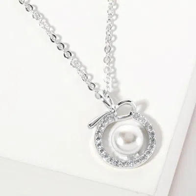 Fashnzfab White Gold Dipped Cz Pave Halo Pearl Charm Pendant Necklace In Pink