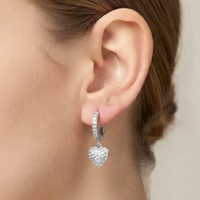 Fashnzfab White Gold Dipped Cz Pave Heart Charm Drop Huggie Hoop Earrings In Multi