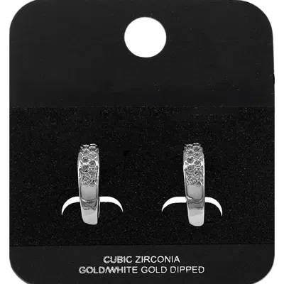 Fashnzfab White Gold Dipped Cz Pave Lattice Mini Open Hoop Earrings Rhodium