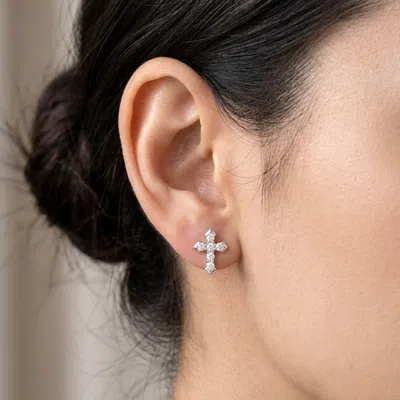 Fashnzfab White Gold Dipped Cz Pave Mini Classic Cross Stud Earrings In Multi