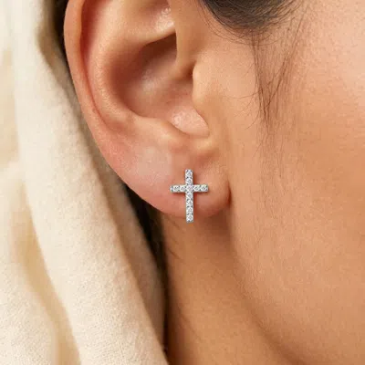 Fashnzfab White Gold Dipped Cz Pave Mini Cross Stud Earrings In Multi