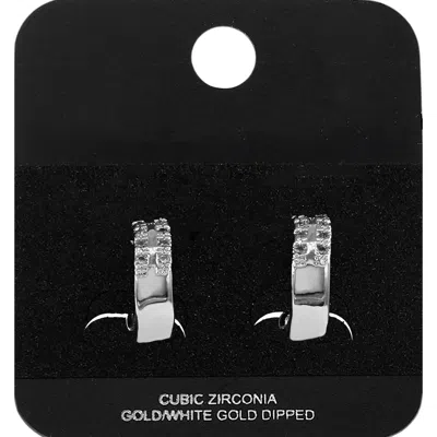 Fashnzfab White Gold Dipped Cz Pave Mini Open Hoop Earrings 0.2" X 0.6" In Metallic