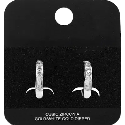 Fashnzfab White Gold Dipped Cz Pave Mini Open Hoop Earrings In Metallic