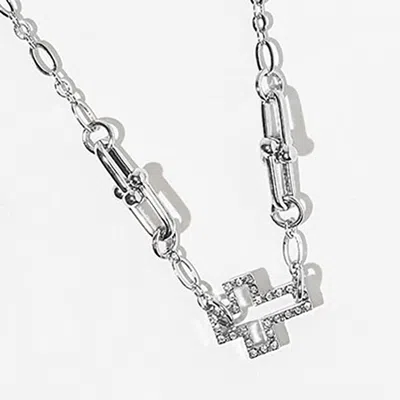 Fashnzfab White Gold Dipped Cz Pave Open Cross Pendant Industrial Link Chain Necklace In Silver