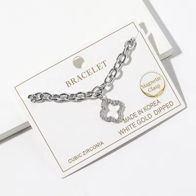 Fashnzfab White Gold Dipped Cz Pave Open Quatrefoil Charm Link Chain Magnetic Bracelet In Metallic
