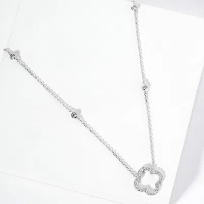 Fashnzfab White Gold Dipped Cz Pave Open Quatrefoil Pendant Accent Bezel Station Chain Necklace In Multi