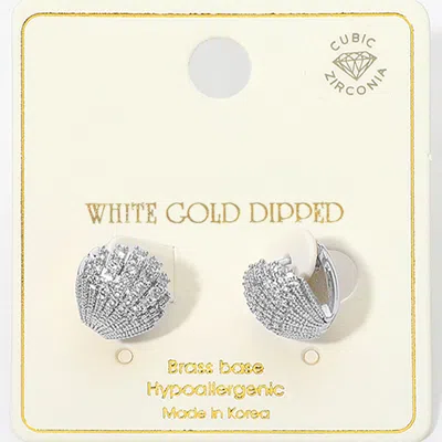 Fashnzfab White Gold Dipped Cz Pave Seashell Clamp Huggie Earrings In Metallic