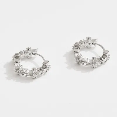 Fashnzfab White Gold Dipped Cz Pave Side Cross Mini Huggie Hoop Earrings In Multi