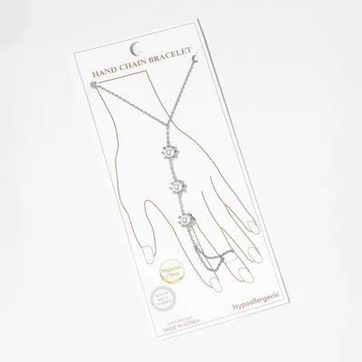 Fashnzfab White Gold Dipped Cz Pearl Flower Link Hand Chain Magnetic Bracelet In Multi