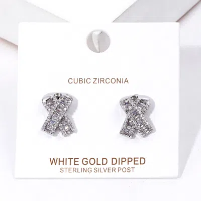 Fashnzfab White Gold Dipped Cz Pink Ribbon Stud Earrings - Rhodium In Silver