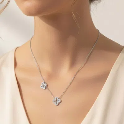 Fashnzfab White Gold Dipped Cz Quatrefoil Pendant Necklace In Multi