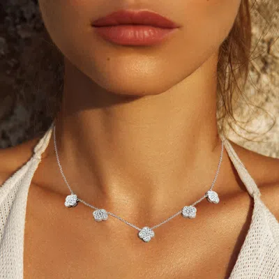 Fashnzfab White Gold Dipped Cz Quatrefoil Pendant Station Necklace In Metallic
