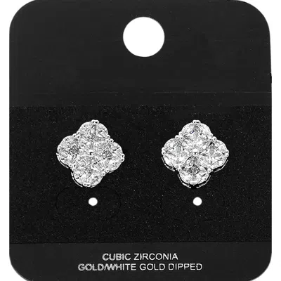 Fashnzfab White Gold Dipped Cz Quatrefoil Stud Earrings Rhodium In Silver