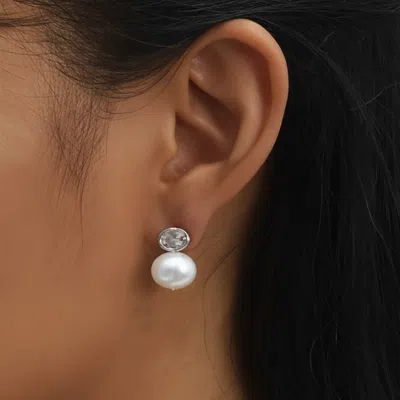 Fashnzfab White Gold Dipped Cz Sparkle Pearl Drop Earrings In Silver