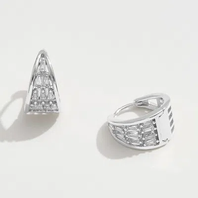 Fashnzfab White Gold Dipped Cz Stone Accent Geometric Triangle Mini Huggie Hoop Earrings - Silver In Metallic