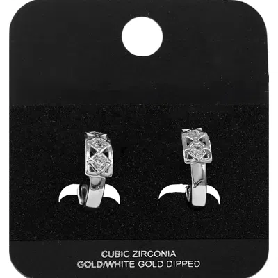 Fashnzfab White Gold Dipped Cz Stone Accent Lattice Mini Open Hoop Earrings Rhodium In Black