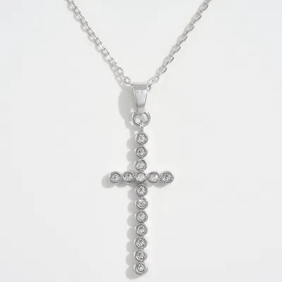 Fashnzfab White Gold Dipped Cz Stone Bezel Cross Pendant Necklace In Silver