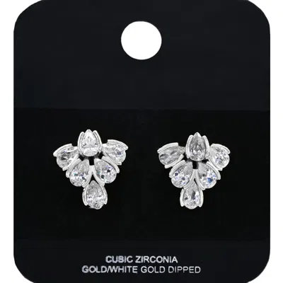 Fashnzfab White Gold Dipped Cz Stone Cluster Stud Earrings - Rhodium In Metallic