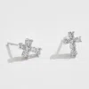 Fashnzfab White Gold Dipped Cz Stone Cross Mini Stud Earrings - Silver In Metallic