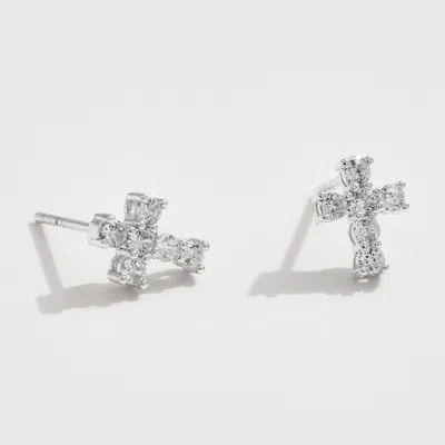 Fashnzfab White Gold Dipped Cz Stone Cross Mini Stud Earrings - Silver In Metallic