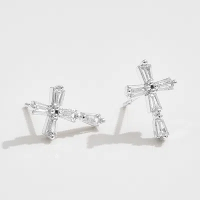 Fashnzfab White Gold Dipped Cz Stone Cross Stud Earrings - Silver