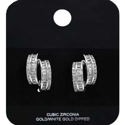 Fashnzfab White Gold Dipped Cz Stone Double Row Mini Half Hoop Earrings In Metallic