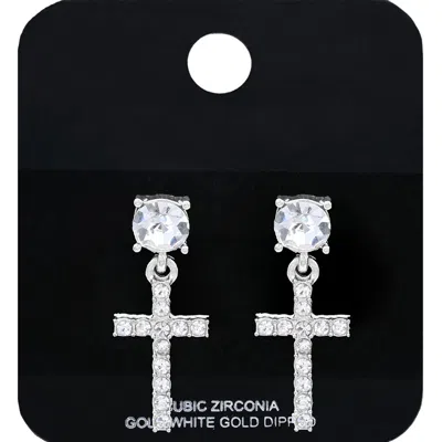 Fashnzfab White Gold Dipped Cz Stone Embellished Cross Dangle Earrings In Metallic